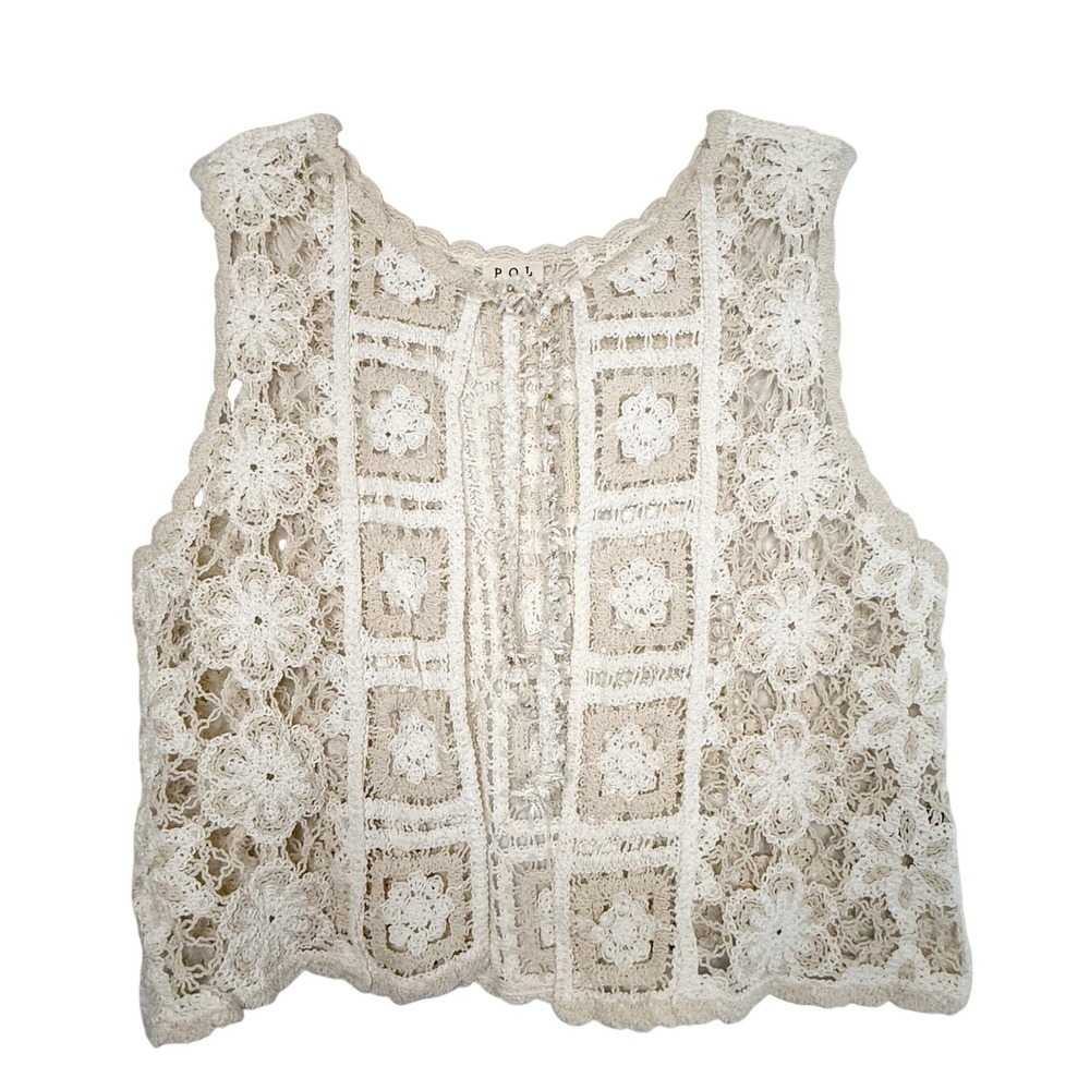 POL Crochet Floral Vest Cream Beige Embellished Boho SMC207 Womens L